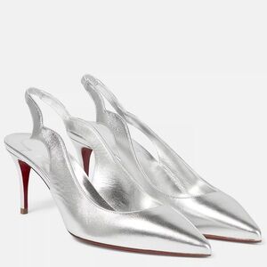 CHRISTIAN LOUBOUTIN NEW! HOT CHICK SLING 70 LAMINATED SILVER LEATHER PUMP SZ 39